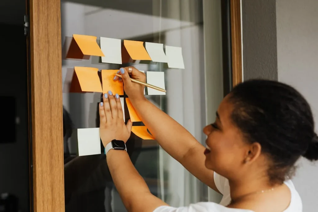 A professional looking board with notes goals and strategy points mapped out visually to represent a social media strategy