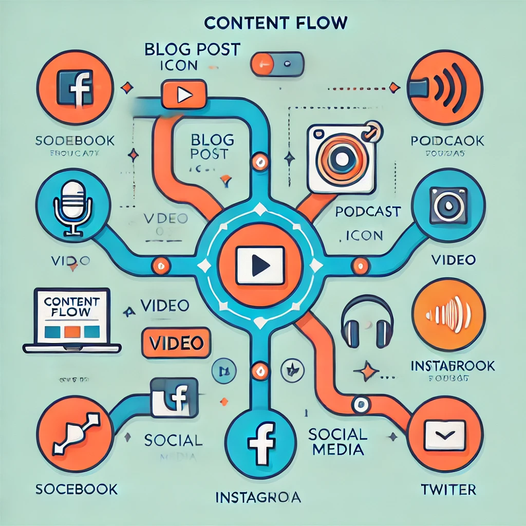 An infographic of content marketing flow showing how a blog post can become a video, podcast, and social post.