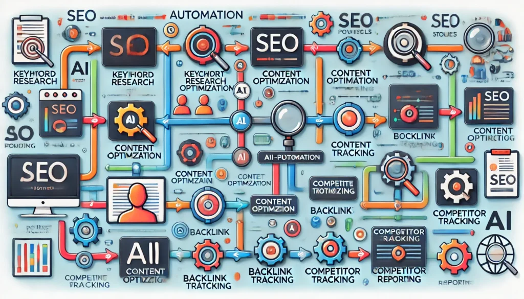 A flowchart or visual showing the automation of SEO tasks using AI. 