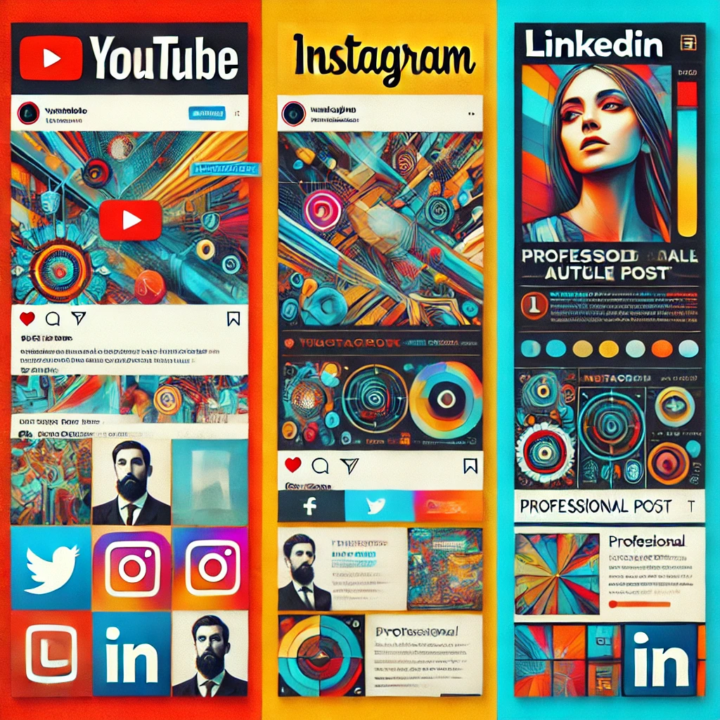 Screenshots of various platform layouts (YouTube, Instagram, LinkedIn) displaying the same content marketing in different formats. 