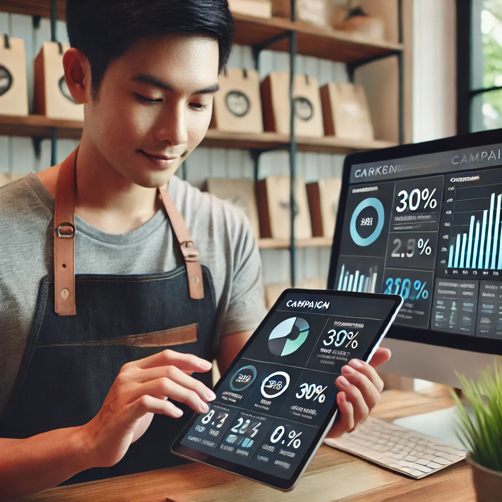 A shop owner using a tablet to manage marketing campaigns, with a digital dashboard in the background.