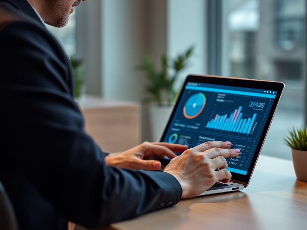 A business owner or employee using AI software on a laptop or tablet to analyze customer data or automate tasks.