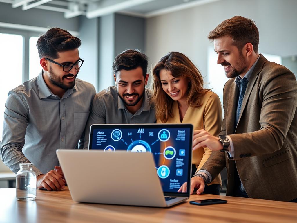 A group of small business owners or team members brainstorming with a laptop showcasing AI software on the screen.