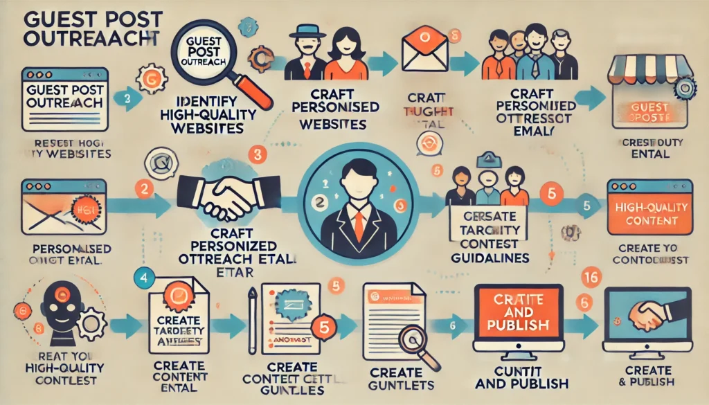  An infographic showing the process of guest post outreach, from identifying websites to publishing content.