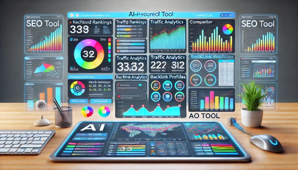 A visual representation of an AI SEO tool dashboard with metrics like keyword rankings and traffic.