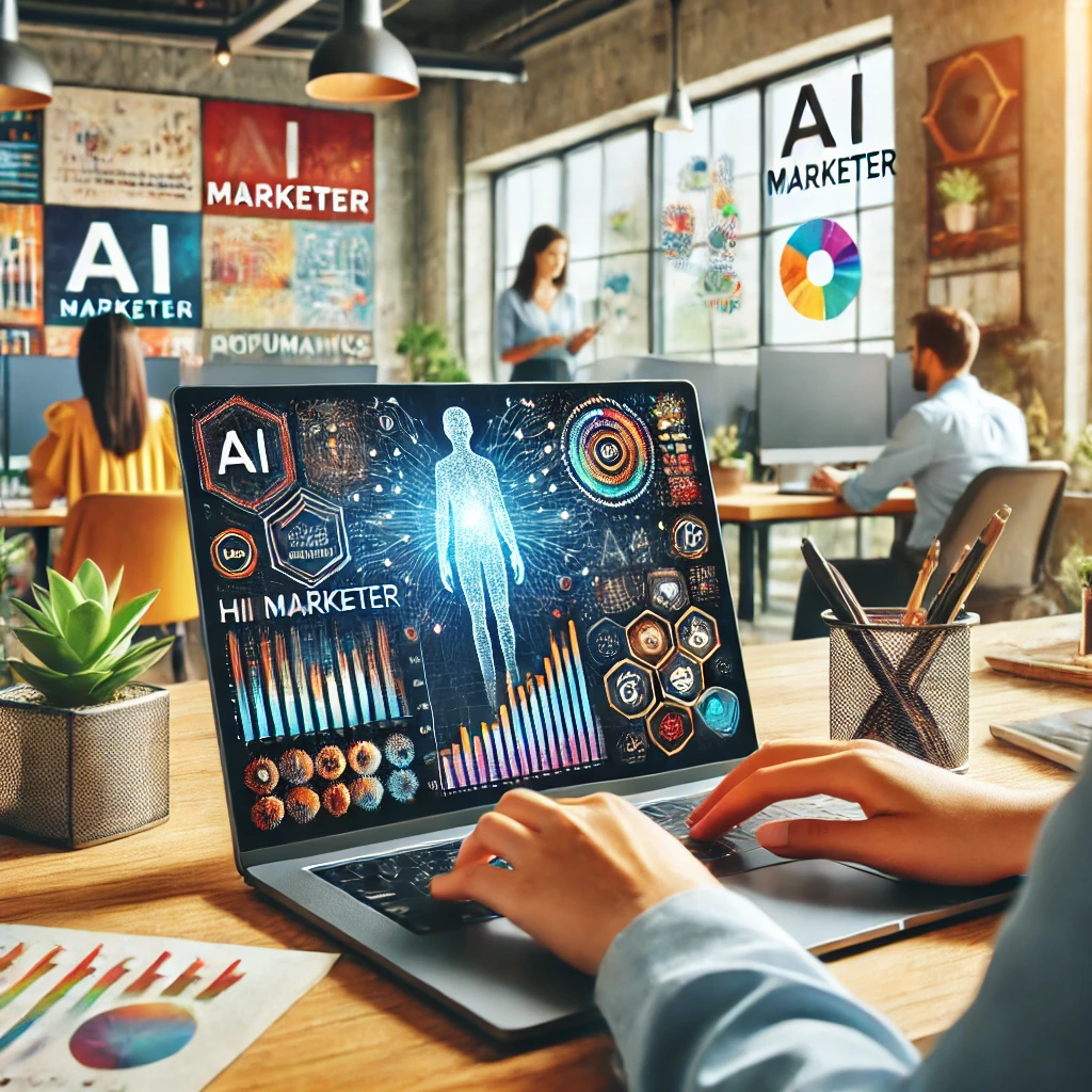 A human marketer using a laptop with AI-generated analytics on the screen in a vibrant office setup.