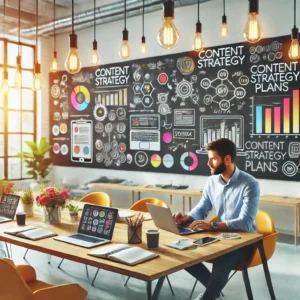 A professional marketer brainstorming in a creative workspace with laptops, notebooks, and a whiteboard displaying a content marketing strategy.