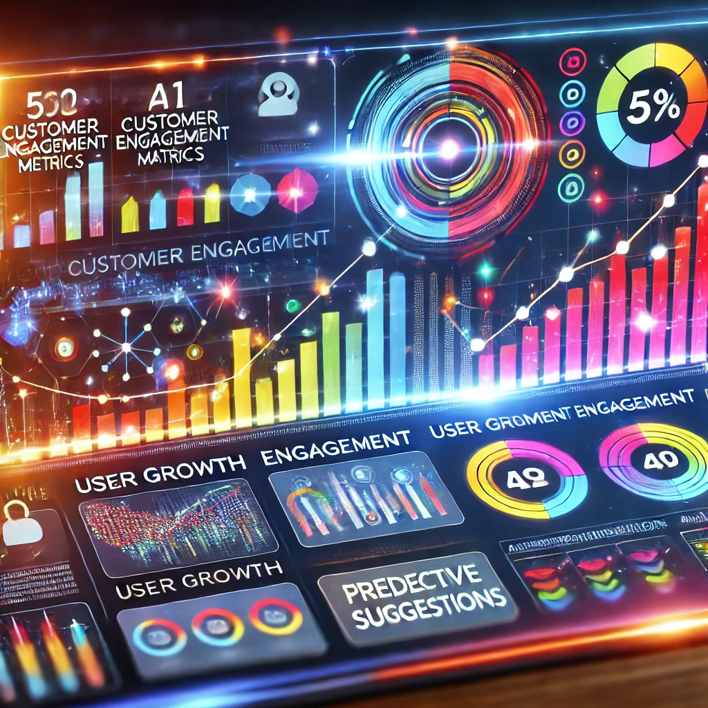 A dynamic graphic showing a dashboard with analytics, customer engagement, and AI recommendations.