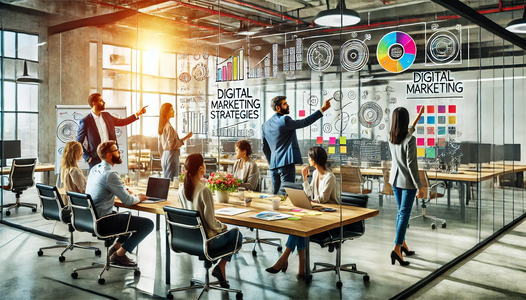 A professional team brainstorming digital marketing strategies in an office setting.