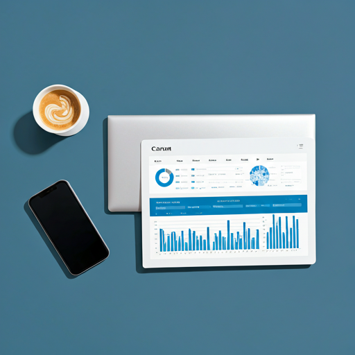 A creative flat-lay of a laptop, smartphone, and marketing tools like analytics dashboards.