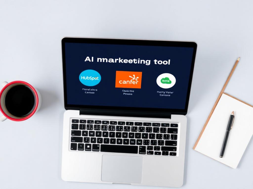 A flat lay of a laptop displaying AI marketing tools like HubSpot, Canva, and Buffer, with a coffee cup and notepad beside it.