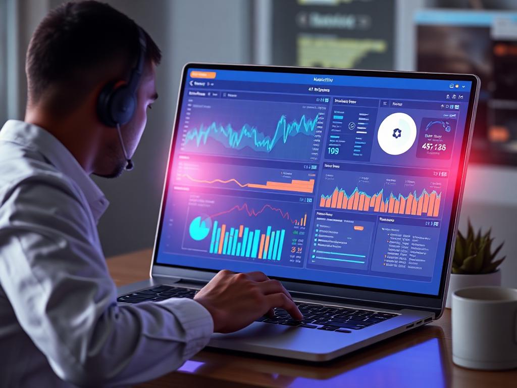 A human-generated image of a person sitting at a desk, working on a laptop while analyzing marketing data on the screen, emphasizing the use of AI tools for startups.