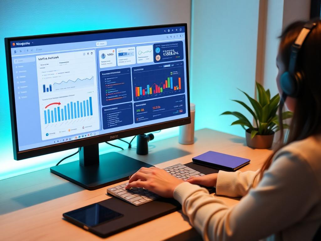 A person working on a computer with a screen showing a marketing automation dashboard, reflecting the use of AI in marketing.