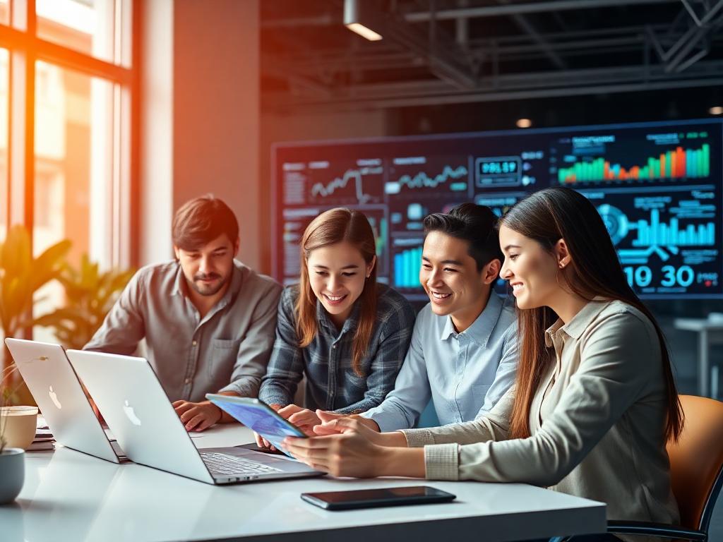 A startup marketing team brainstorming strategies with data-driven insights from AI systems displayed on their laptops.