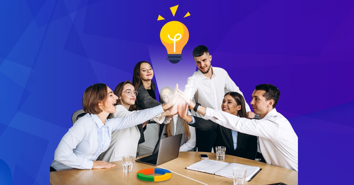 Show employees collaborating and using digital tools for innovative solutions.